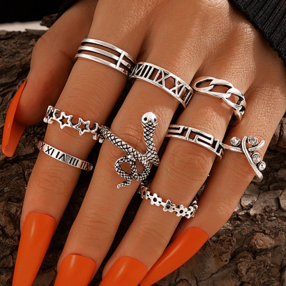 Silver mixed 9PC Ring‎ Set Snake Chain Sexy Rock Punk Jewelry Goth Biker Glamour